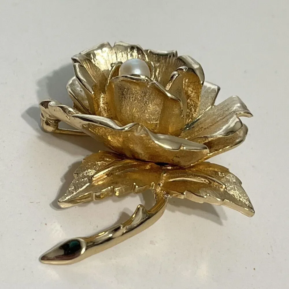 Vintage Marcel Boucher Rose Flower Brooch Gold Tone Pearl Pin Floral Italy